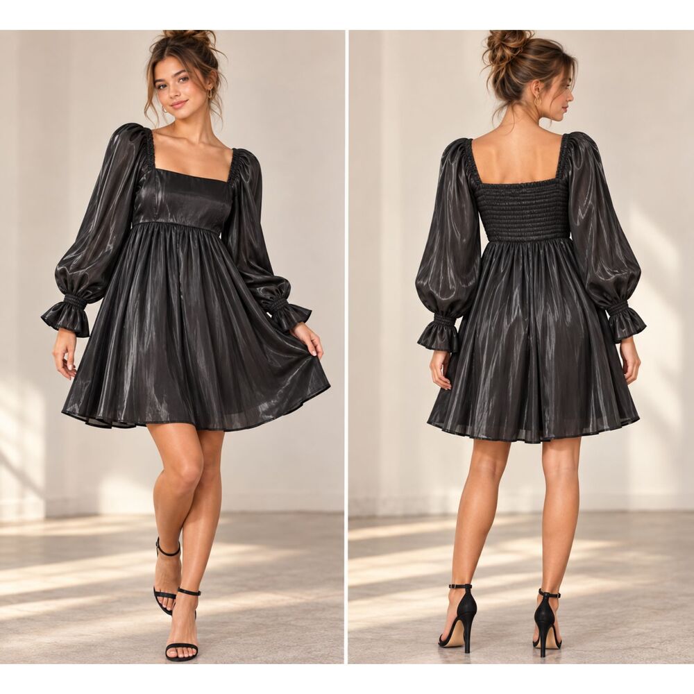 Blu Pepper Black Square Neck Puff Sleeve Mini Dress Size Small